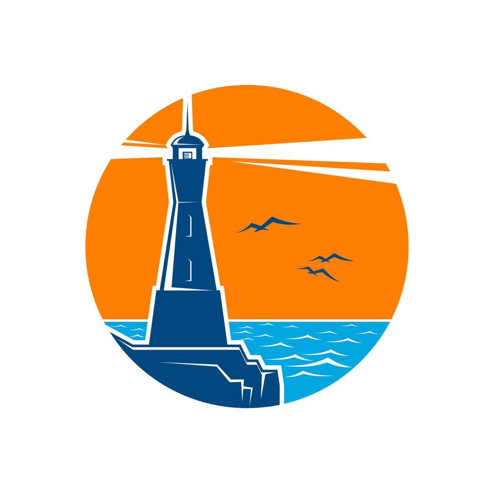 Lighthouse beacon on seashore line circle icon vector