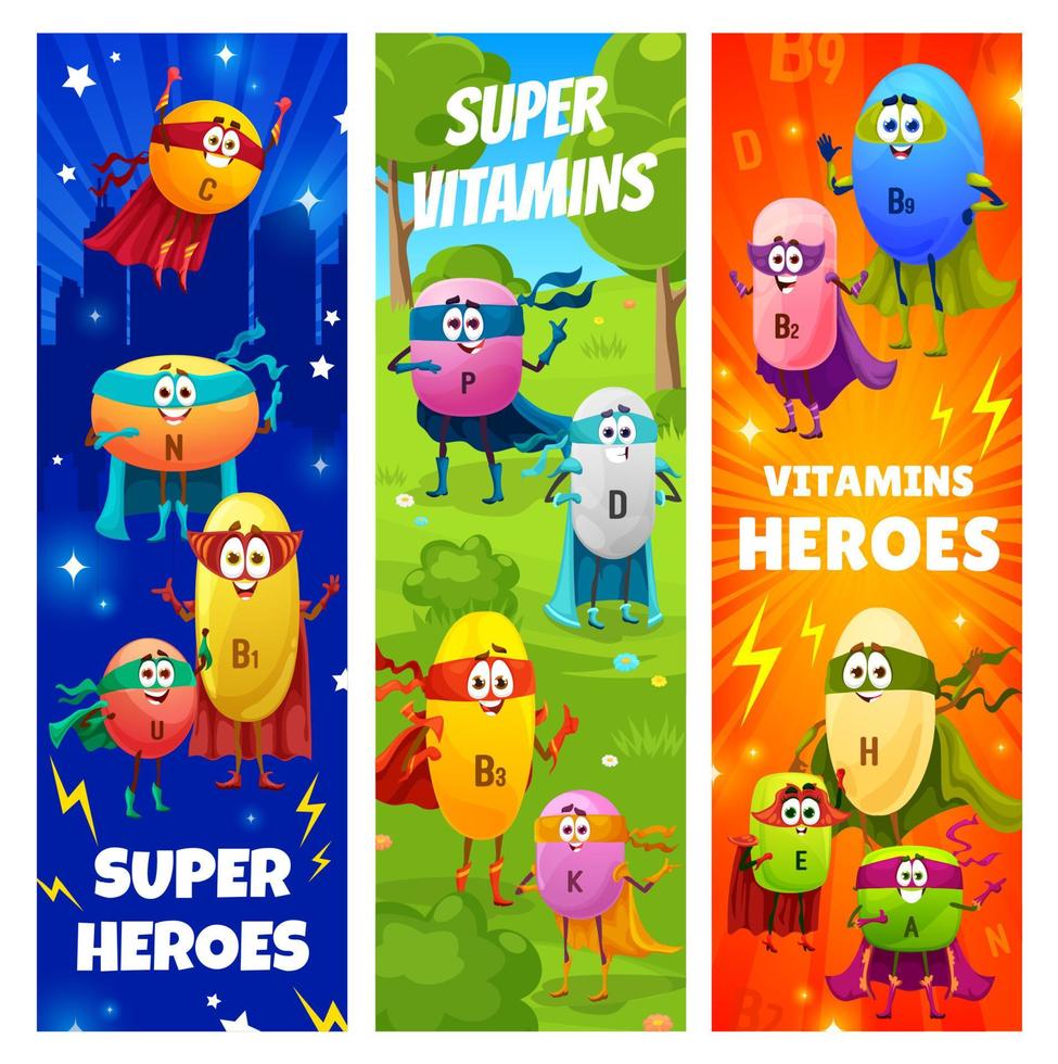 personajes de vitamina de superhéroe alegre de dibujos animados vector