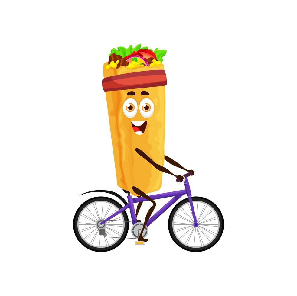 personaje de dibujos animados shawarma en bicicleta, comida rápida vector