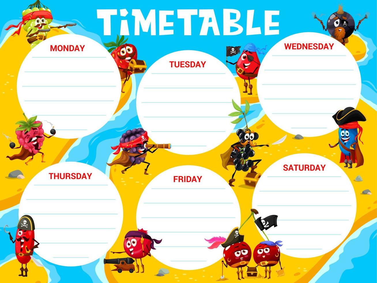 Education timetable schedule with berry pirates vector