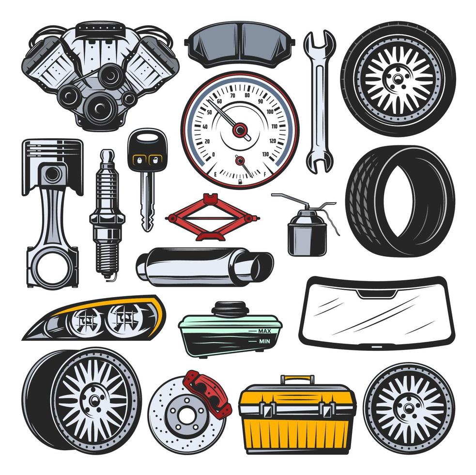 Car auto parts, engine, tires and tools vector