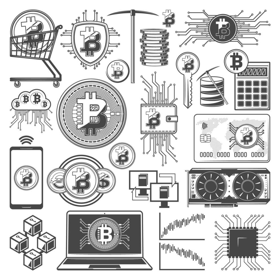 Bitcoin mining, cryptocurrency digital money icons vector