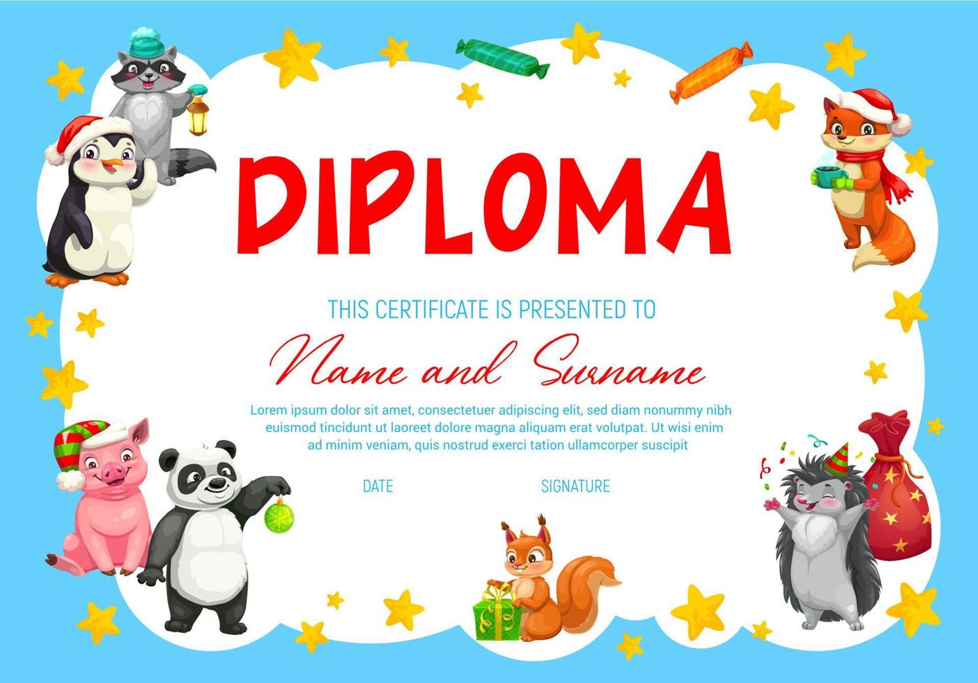 jardín de infantes, diploma escolar con lindos animales vector