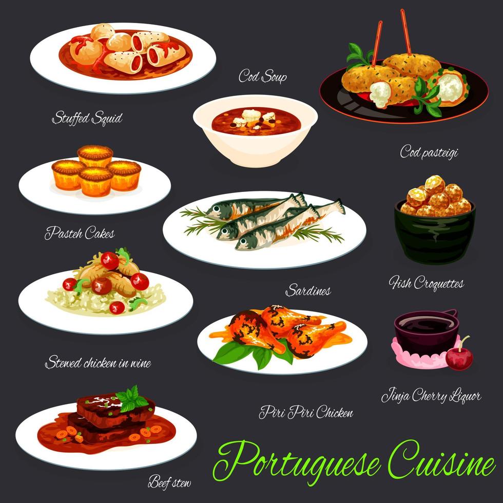 Portuguese fish and meat dishes with custard tart vector