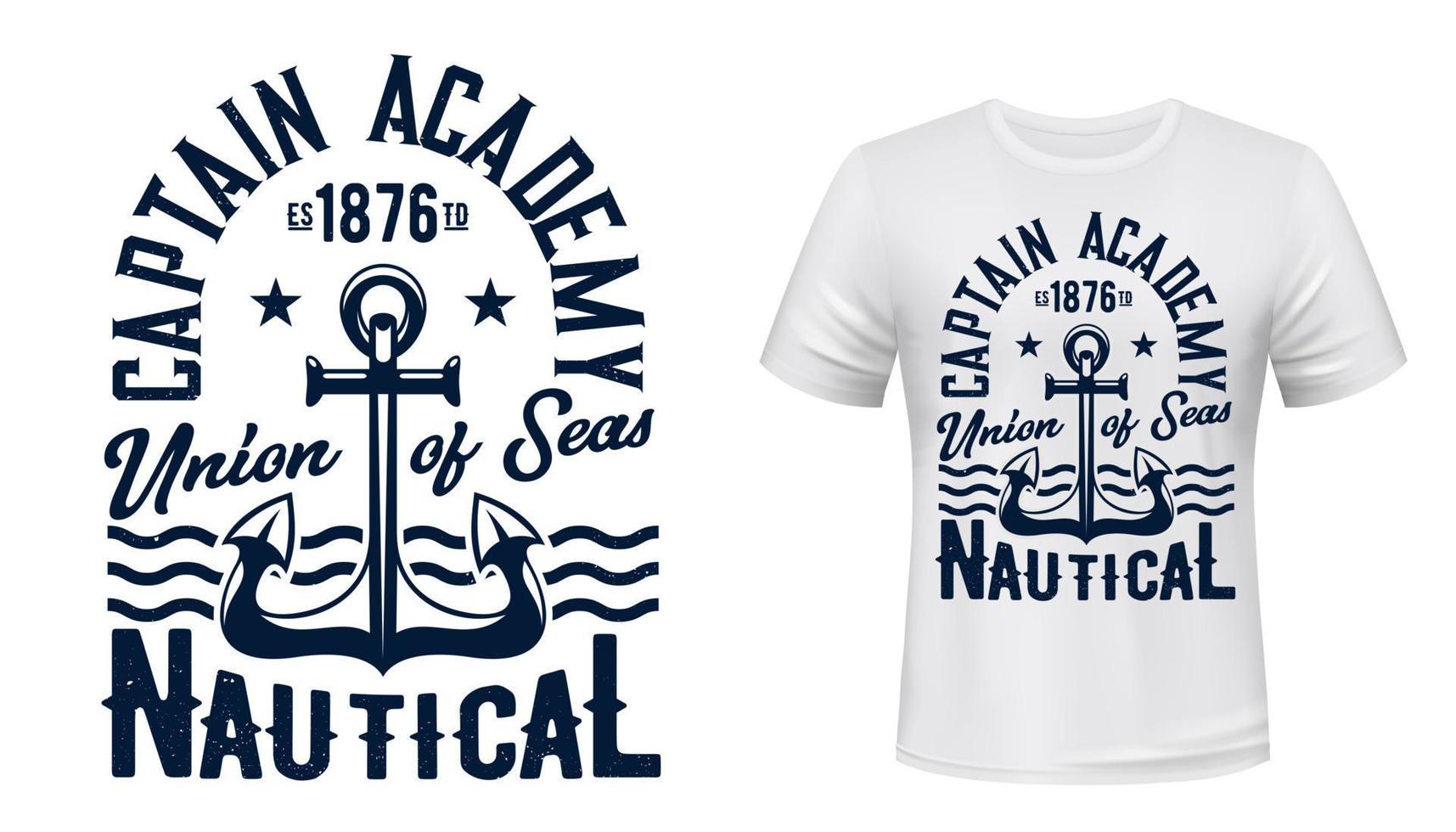 ancla náutica, estampado de camiseta de la academia de capitán vector