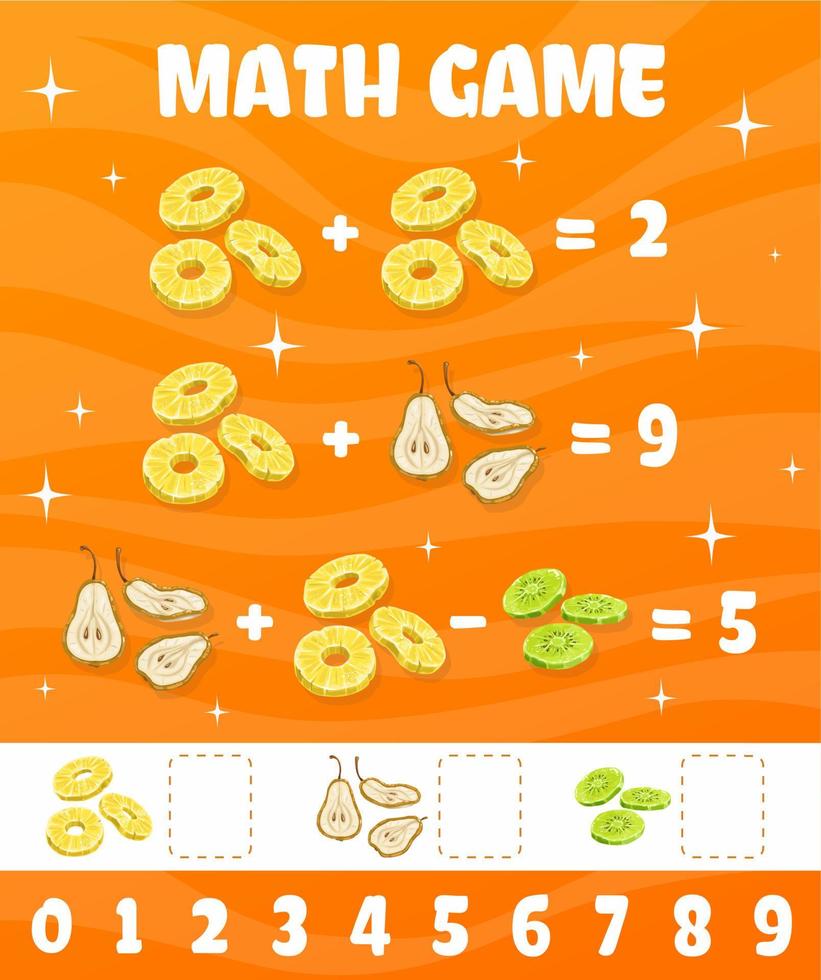 Pear, kiwi and pineapple dried fruits math game vector