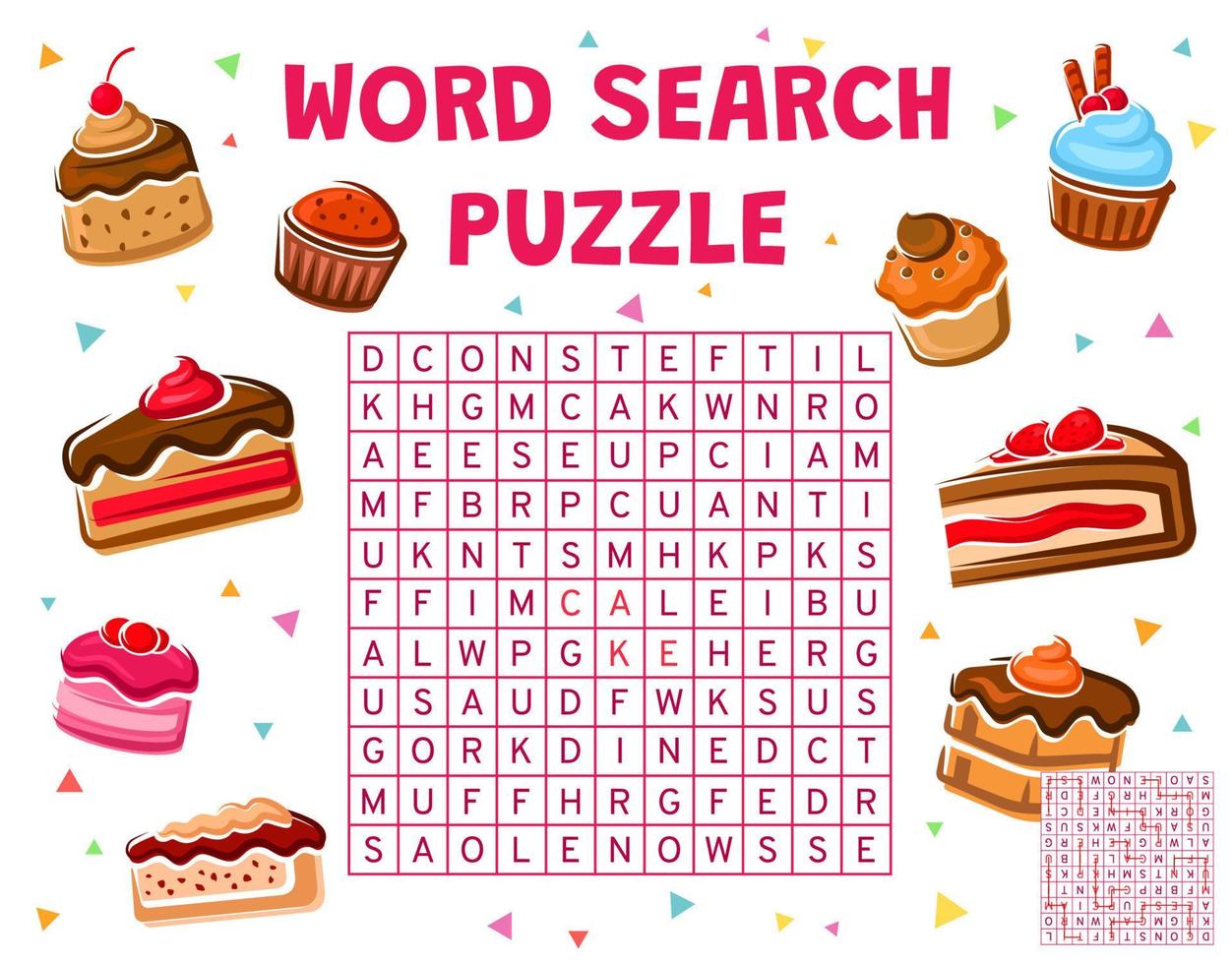 pasteles, magdalenas y pasteles, juego de rompecabezas de búsqueda de palabras vector