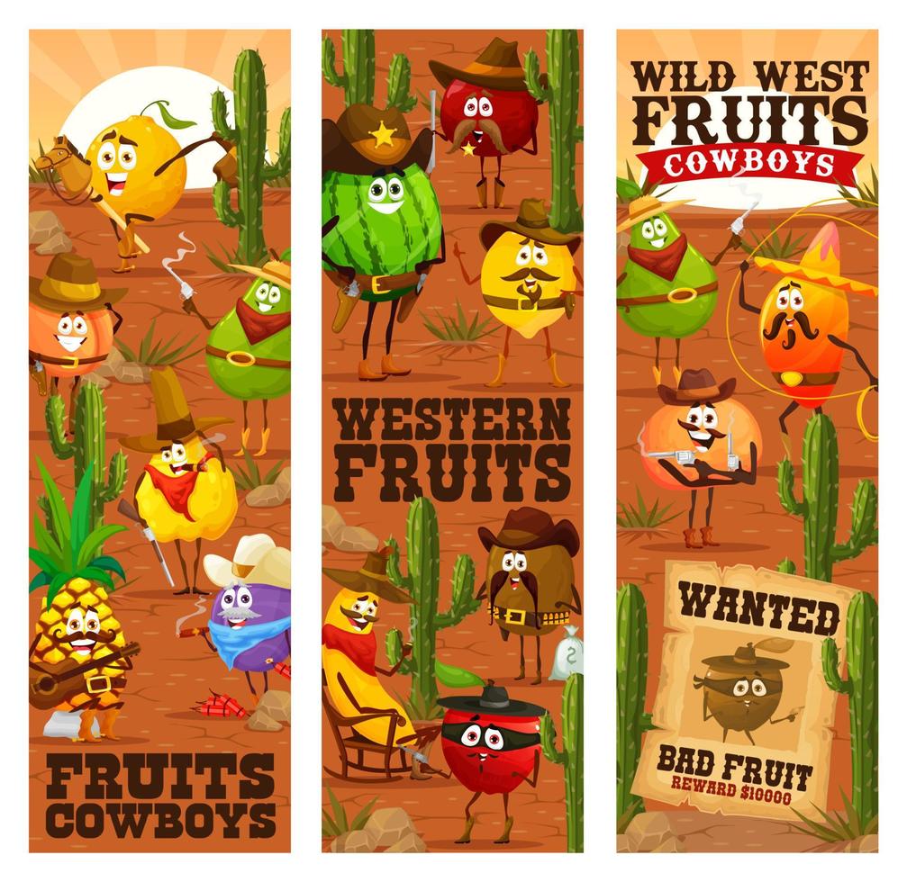 dibujos animados del salvaje oeste frutas vaqueros, guardabosques occidentales vector