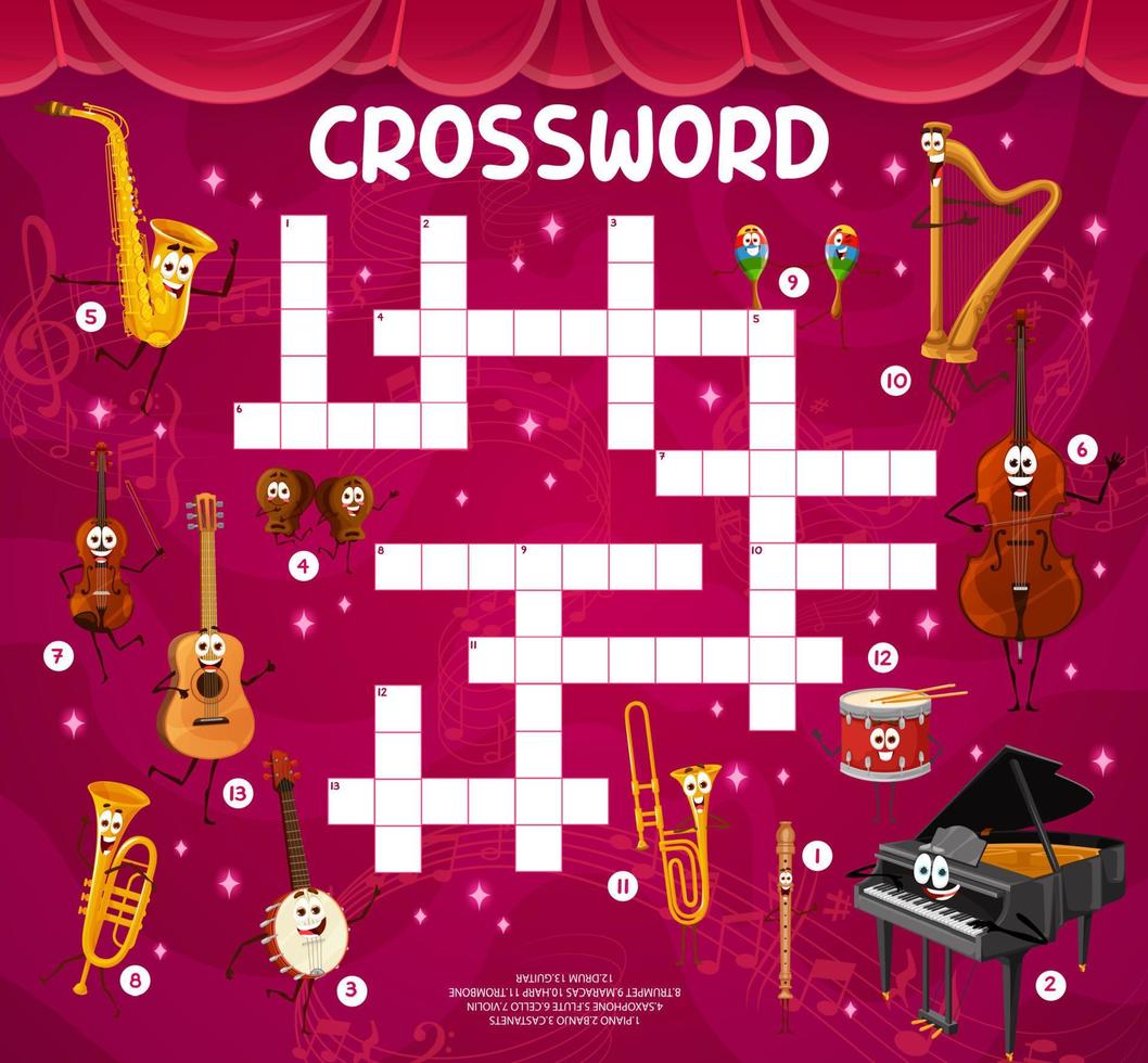 Crossword quiz grid, cartoon musical instruments vector