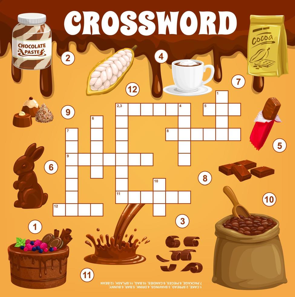 Cocoa and chocolate dessert crossword puzzle grid vector