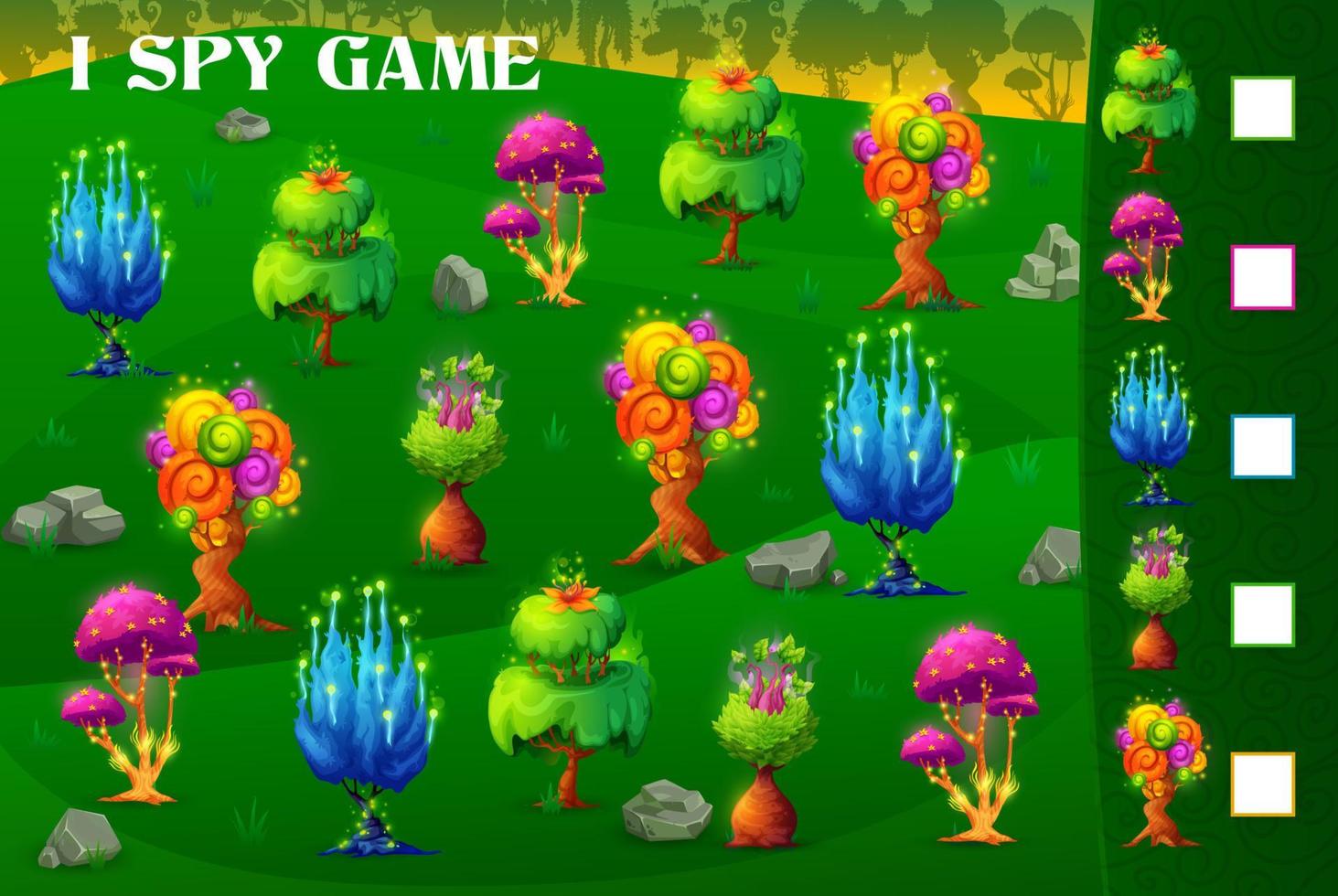 I spy game, magic alien trees in fantasy forest vector