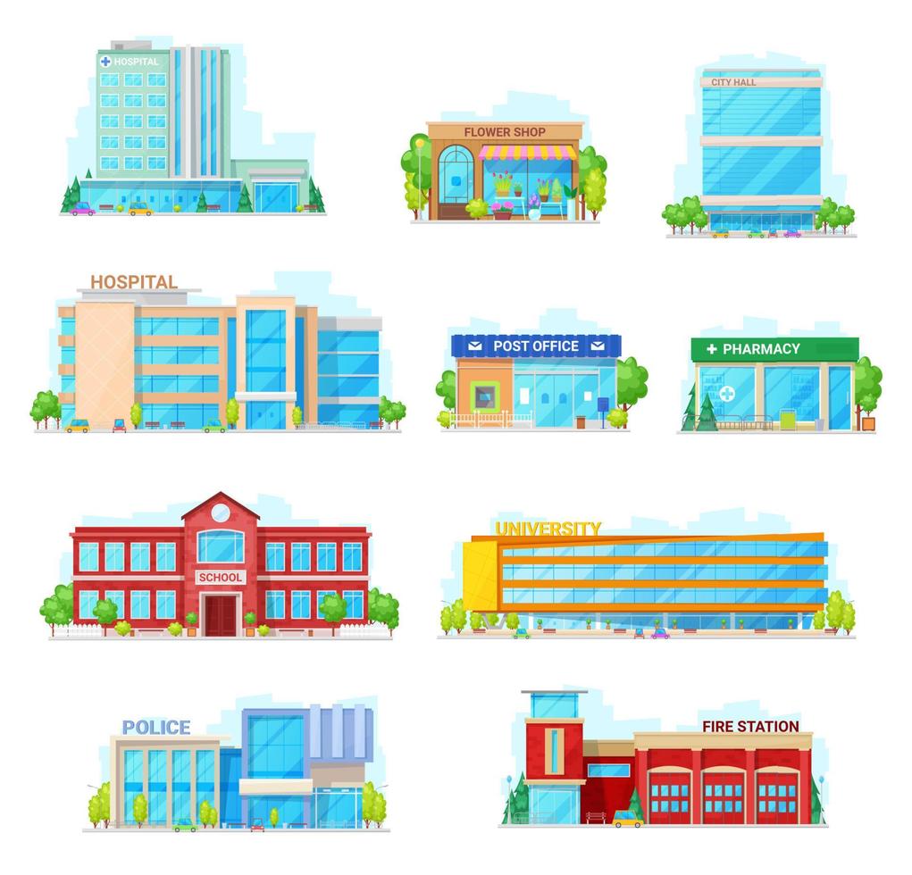 Commercial and municipal city buildings icons vector