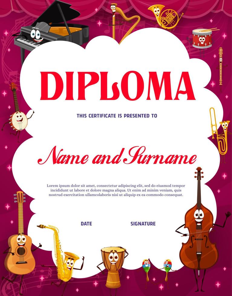 Kids diploma cartoon musical instrument characters vector