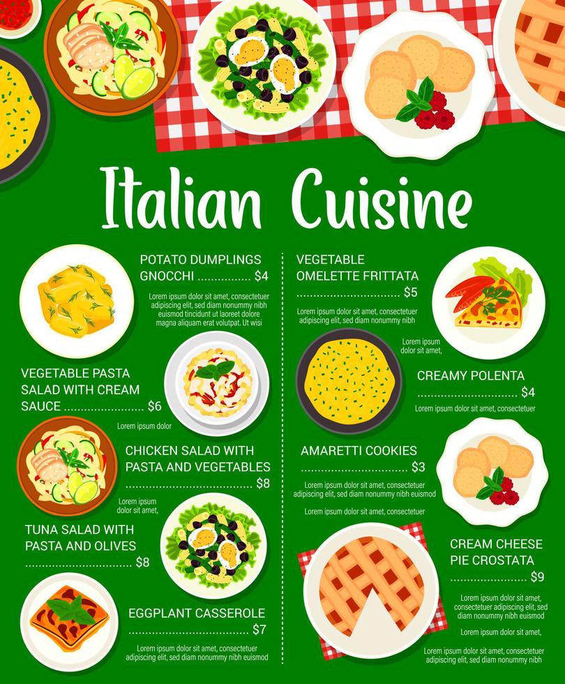 Italian cuisine menu Italy dishes price list. vector