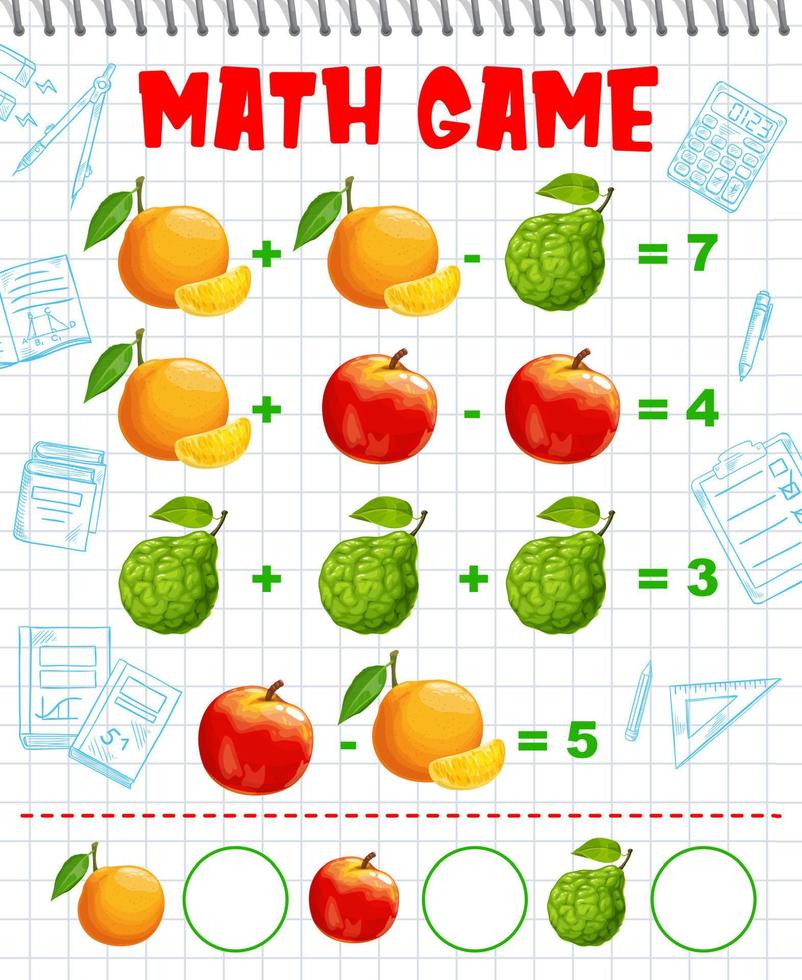 página del juego de matemáticas de frutas de naranja, bergamota y durazno vector