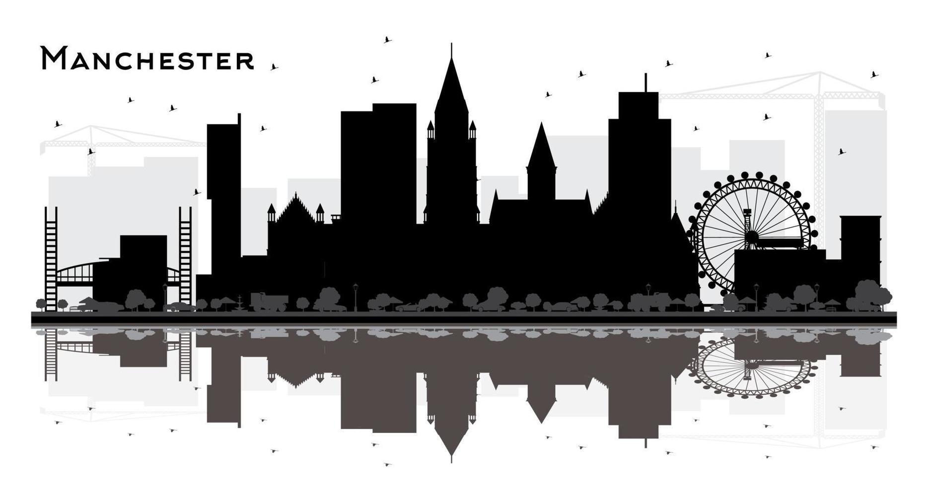 Manchester City Skyline Silhouette with Black Buildings Isolated on White. vector