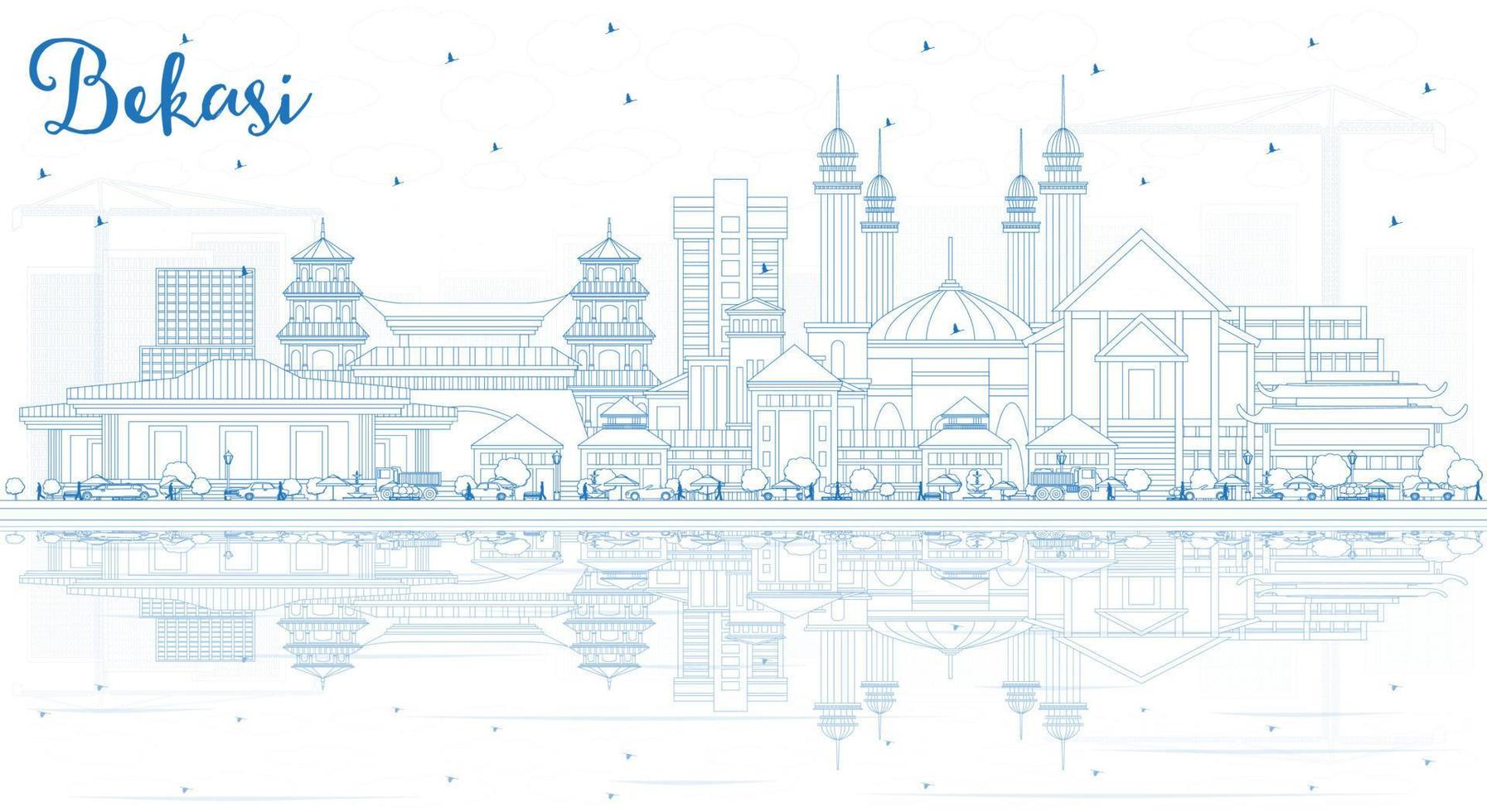 Outline Bekasi Indonesia City Skyline with Blue Buildings and Reflections. vector