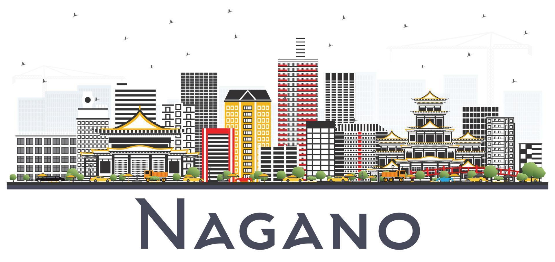 Nagano Japan City Skyline with Color Buildings Isolated on White Background. vector