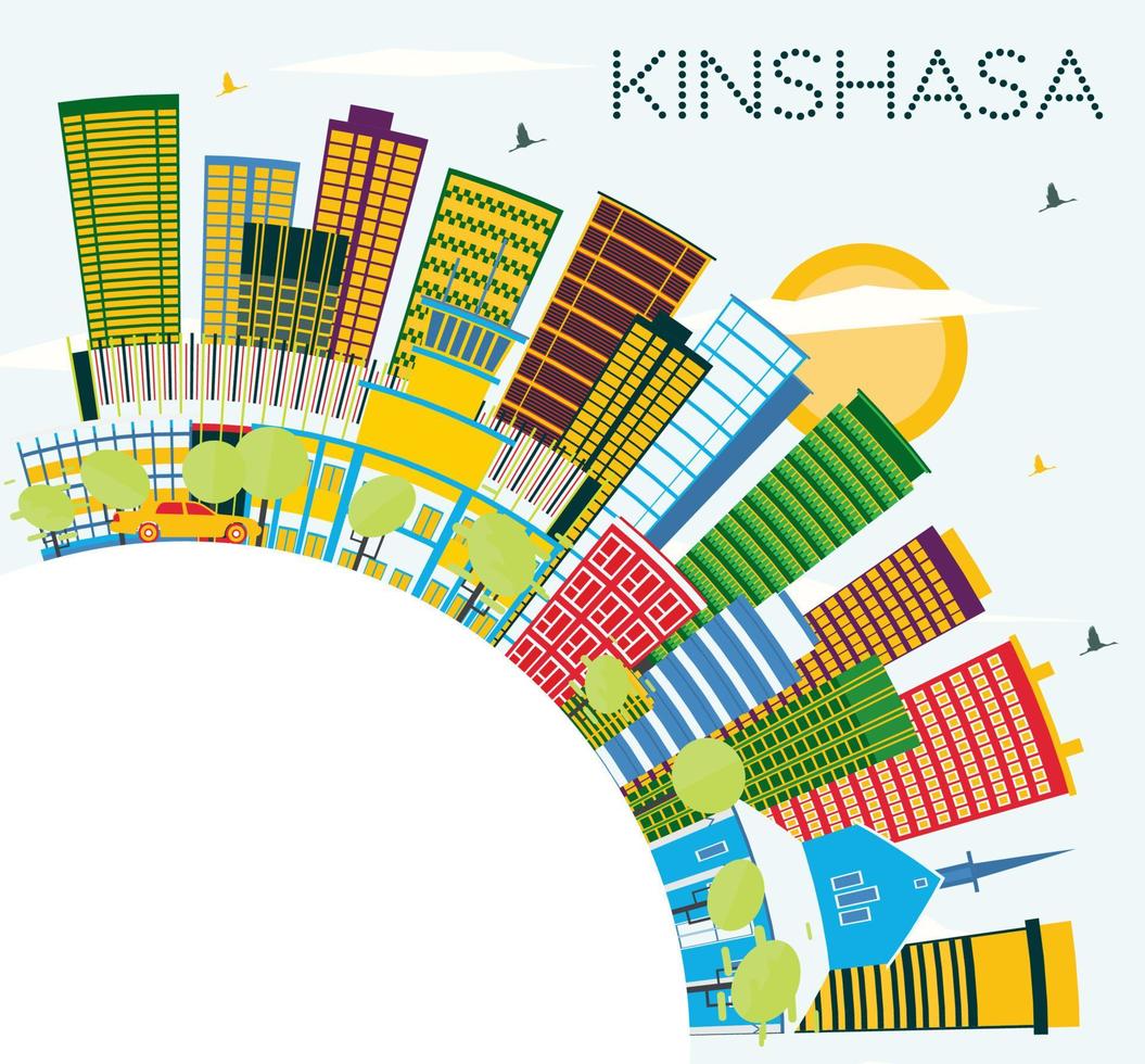 horizonte de kinshasa con edificios de color, cielo azul y espacio de copia. vector