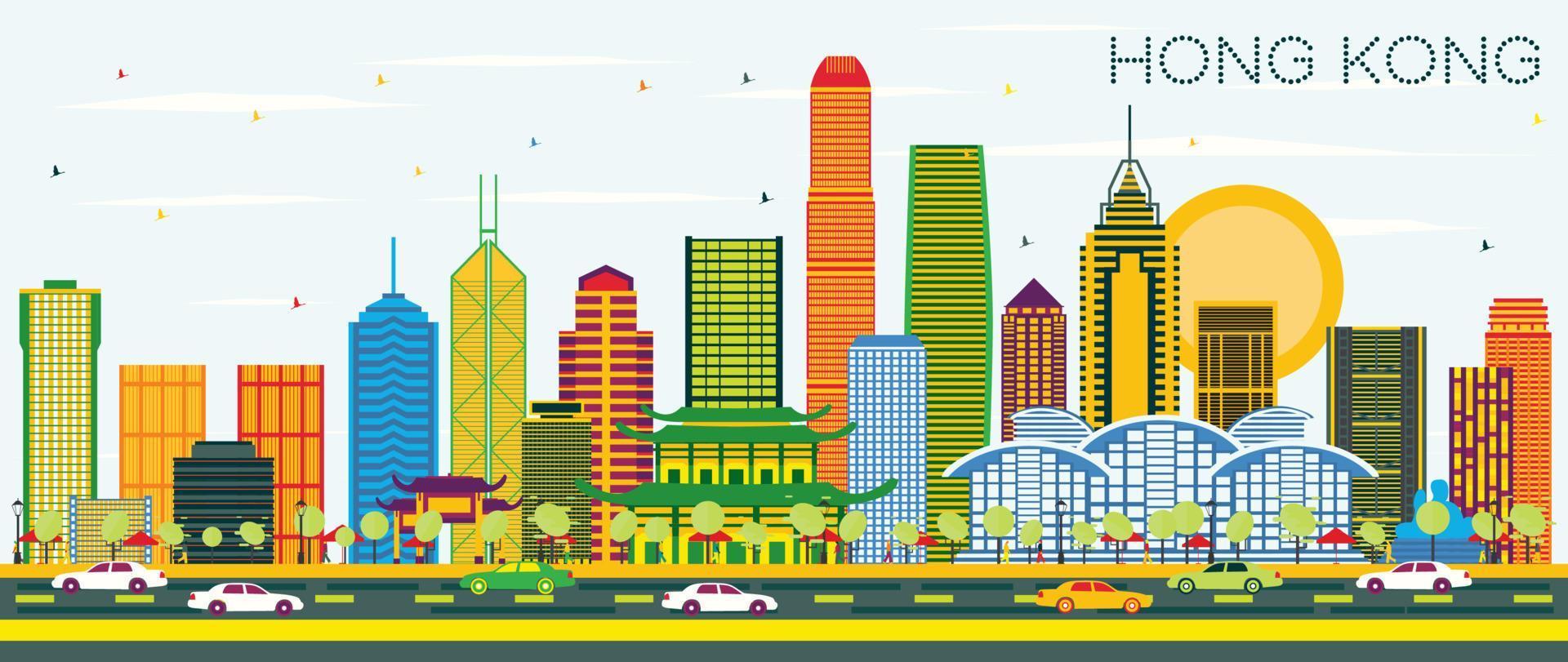 Hong Kong China City Skyline with Color Buildings and Blue Sky. vector