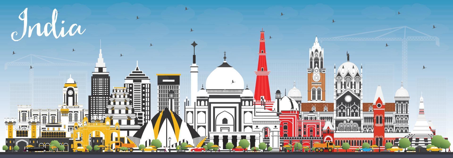 horizonte de la ciudad india con edificios de color y cielo azul. Delhi. Bombay, Bangalore, Chennai. vector