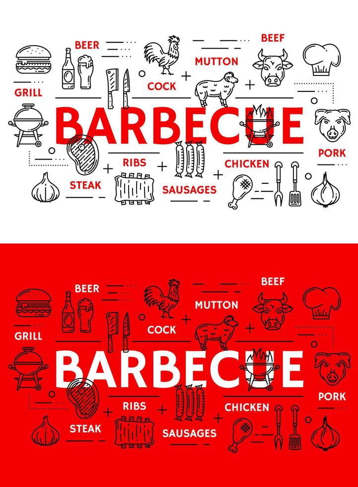 barbacoa, carne, y, salchichas, parrilla, línea, iconos vector