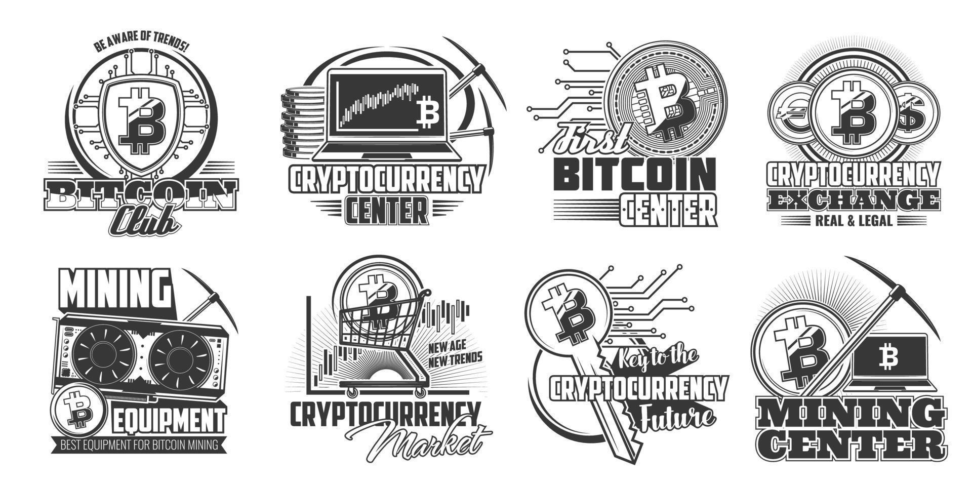 Bitcoin cryptocurrency mining vector icons