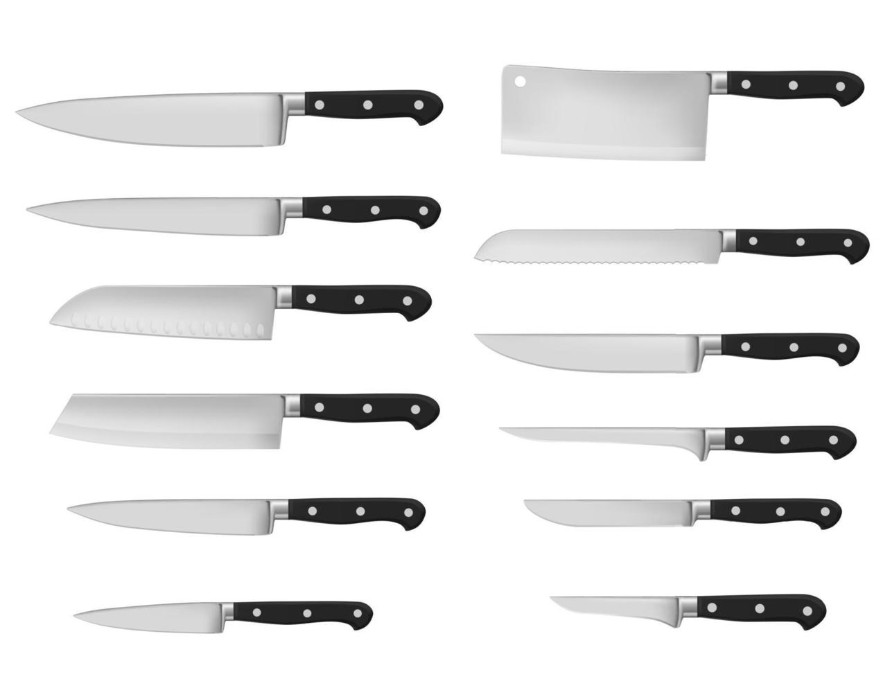 Kitchen cutlery, cooking and butchery knives vector