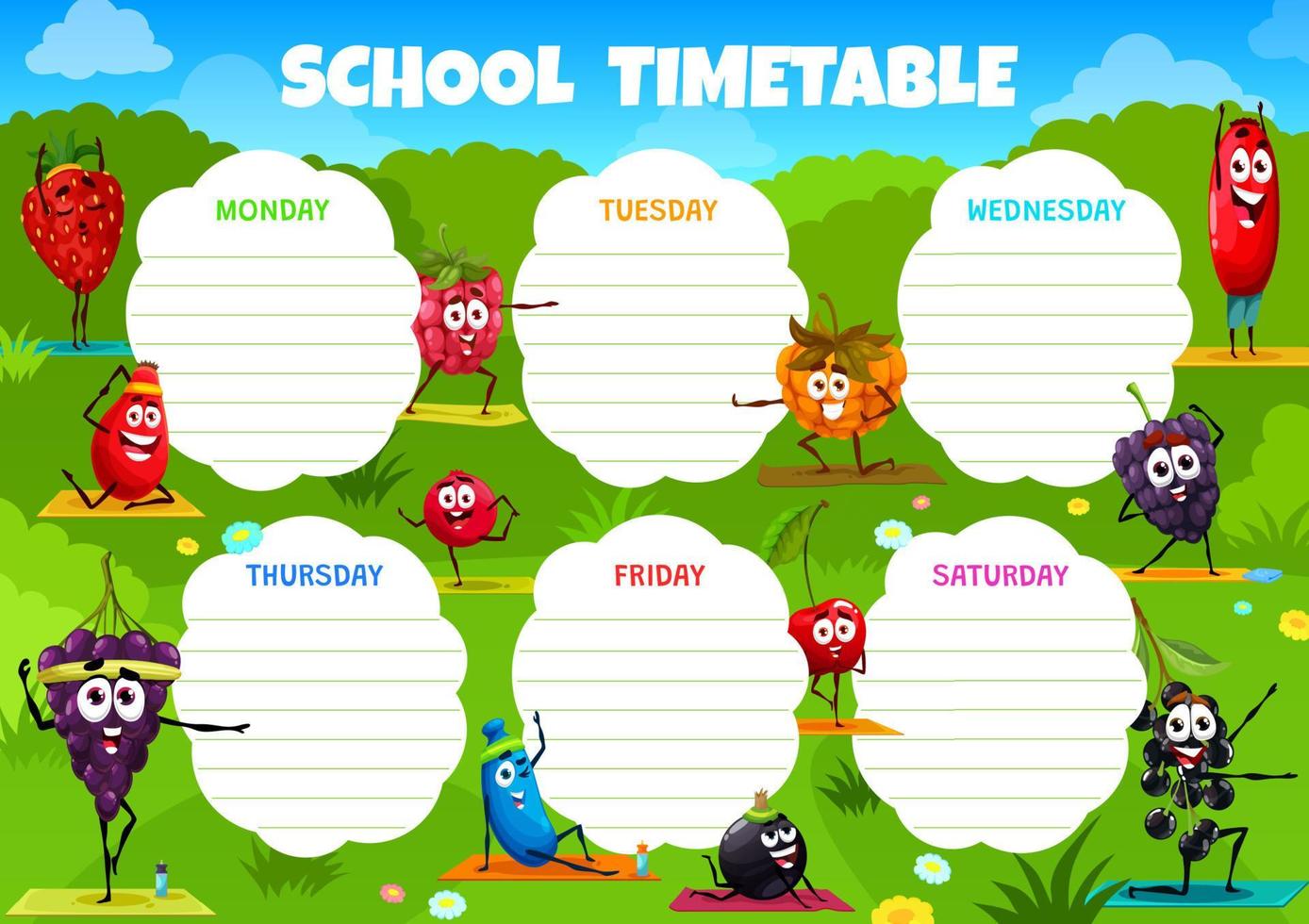 Timetable schedule with berry characters on yoga vector