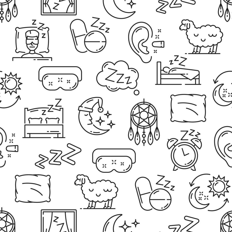 Sleep items seamless pattern, bedtime background vector