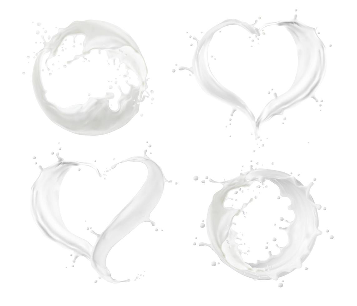 Milk or cream splash, circle and heart wave flow vector