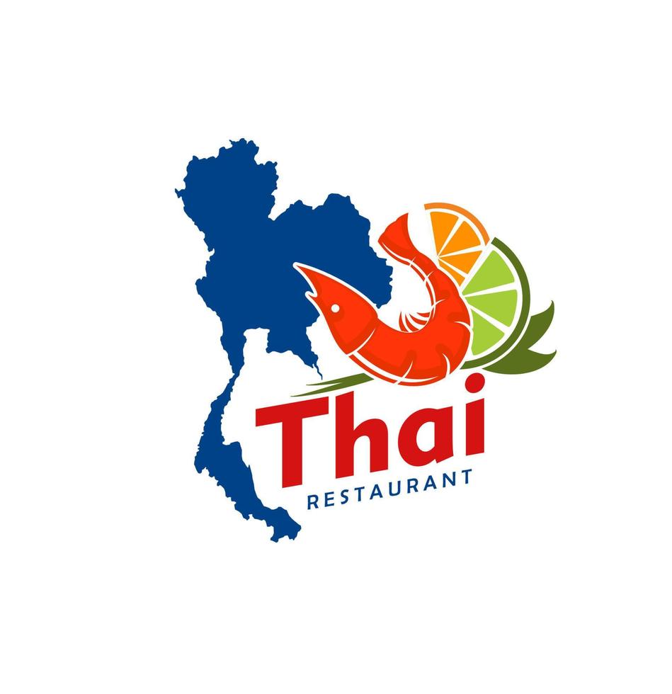 Thai cuisine restaurant icon, Thailand map, shrimp vector