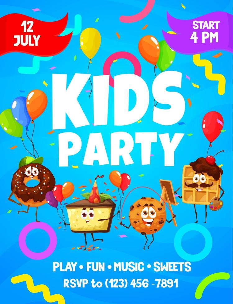 Kids party flyer, cartoon pastry characters vector