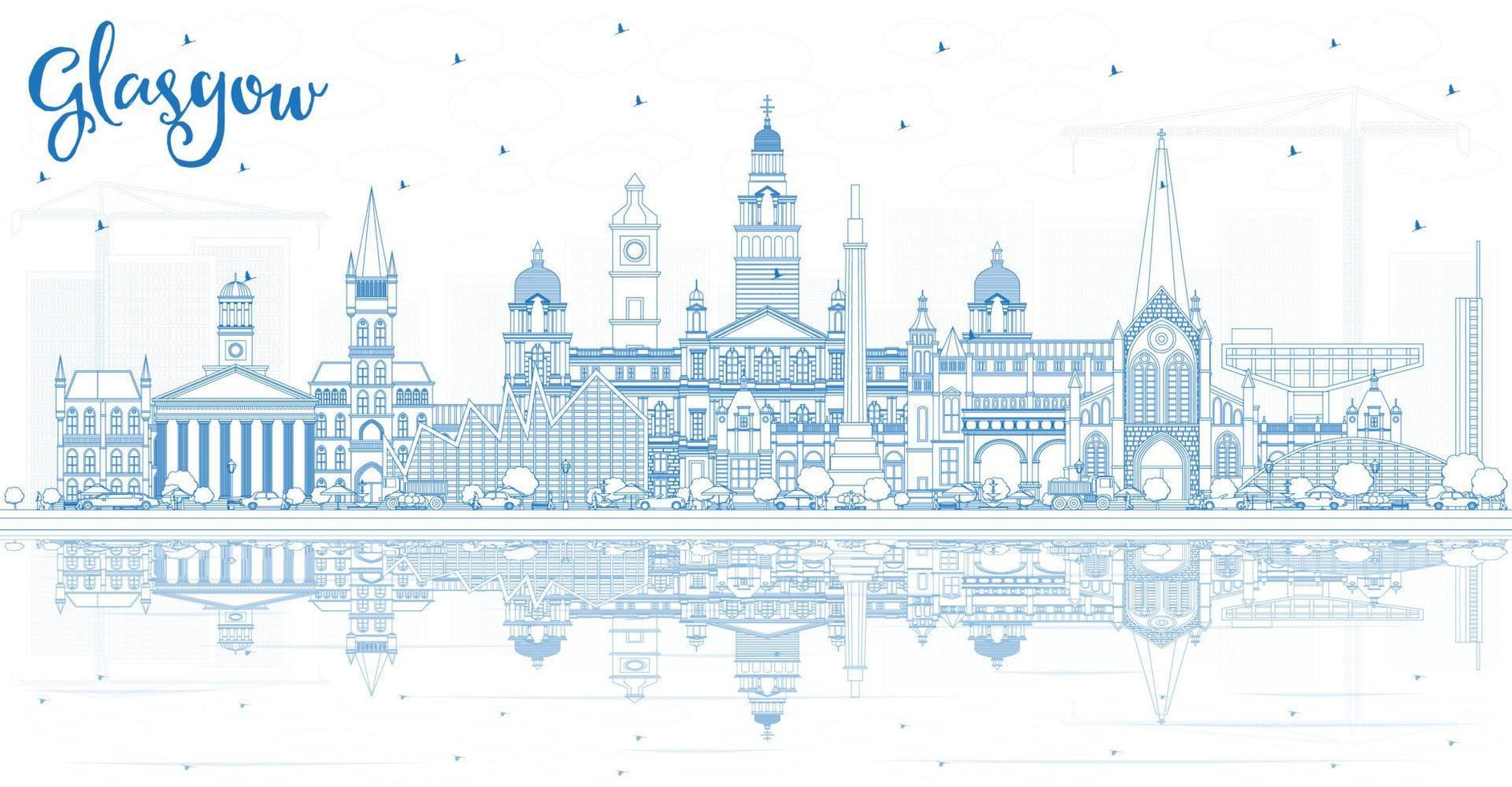 Outline Glasgow Scotland City Skyline with Blue Buildings and Reflections. vector