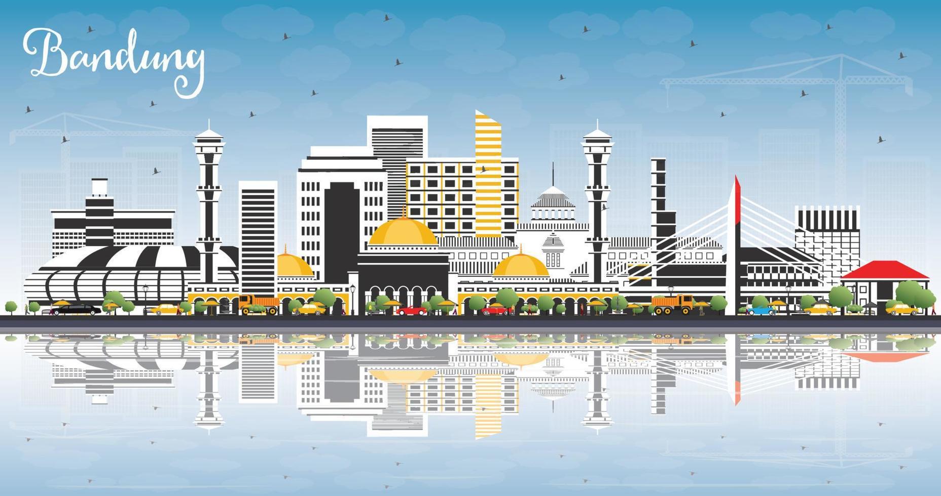 horizonte de la ciudad de bandung indonesia con edificios grises, cielo azul y reflejos. vector