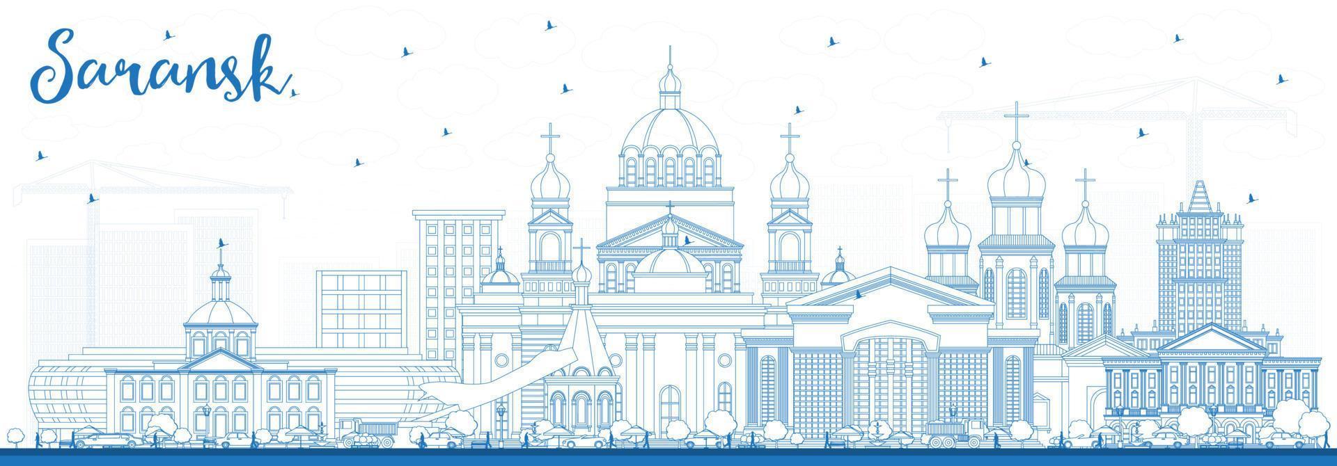 delinear el horizonte de la ciudad de saransk rusia con edificios azules. vector