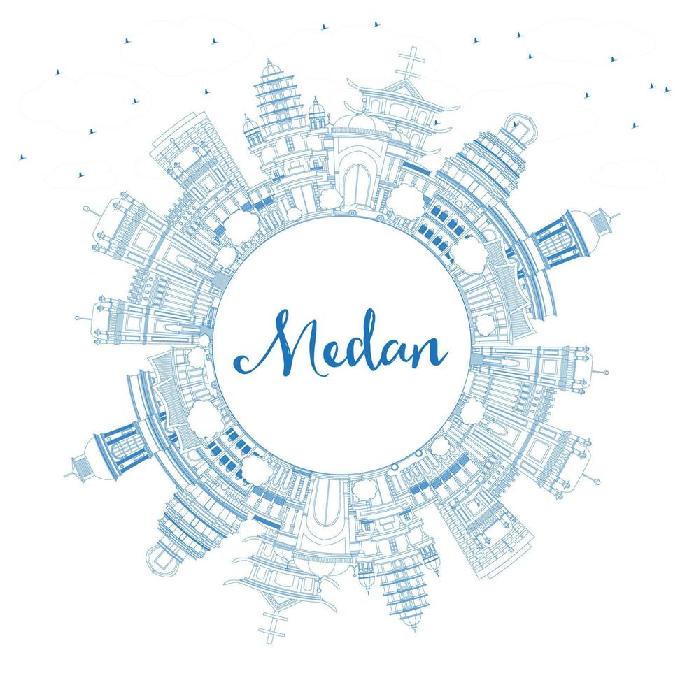 Outline Medan Indonesia City Skyline with Blue Buildings and Copy Space. vector