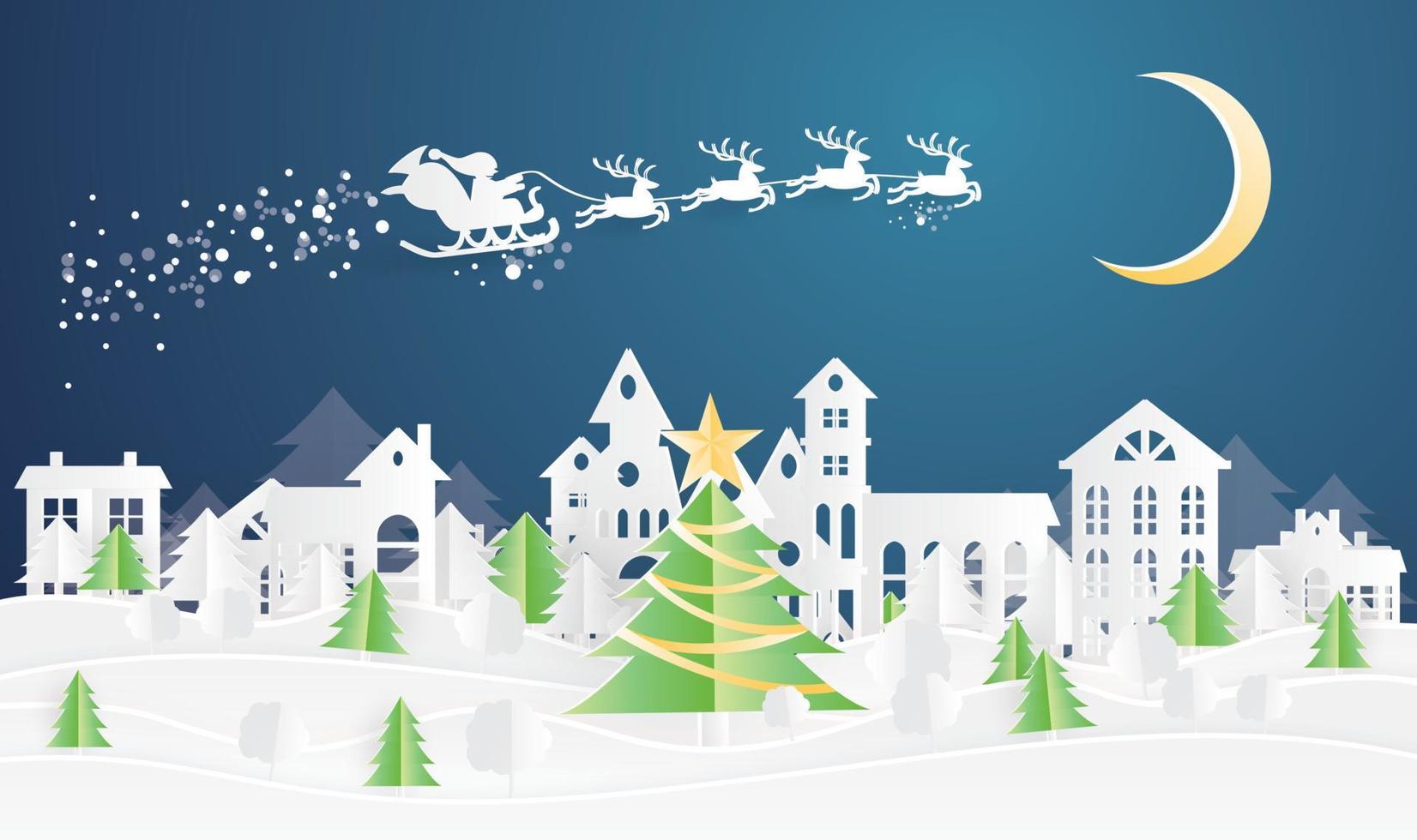 Christmas Village and Santa Claus in Sleigh in Paper Cut Style. vector