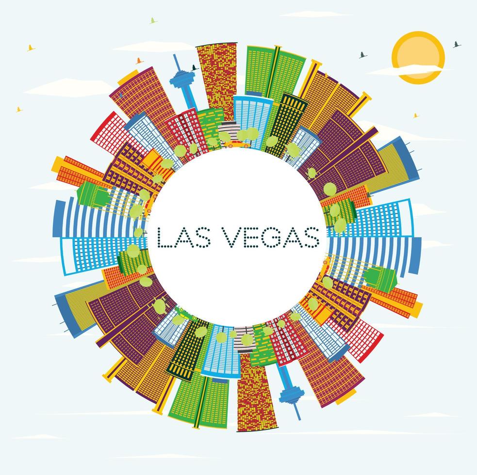 horizonte de la ciudad de las vegas con edificios de color, cielo azul y espacio de copia. vector