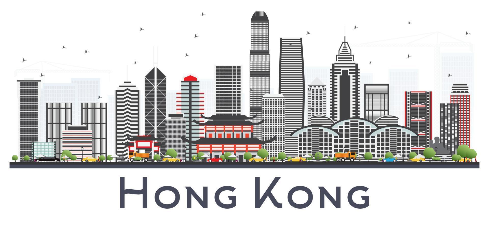 Hong Kong China City Skyline with Gray Buildings Isolated on White. vector
