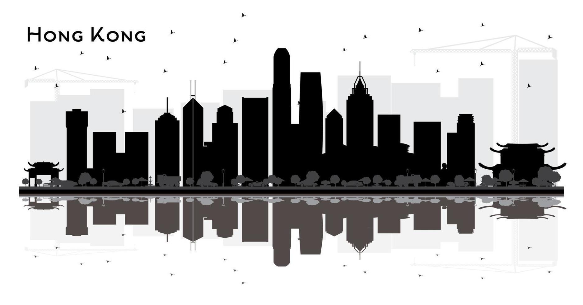Hong Kong China City Skyline Black and White Silhouette. vector