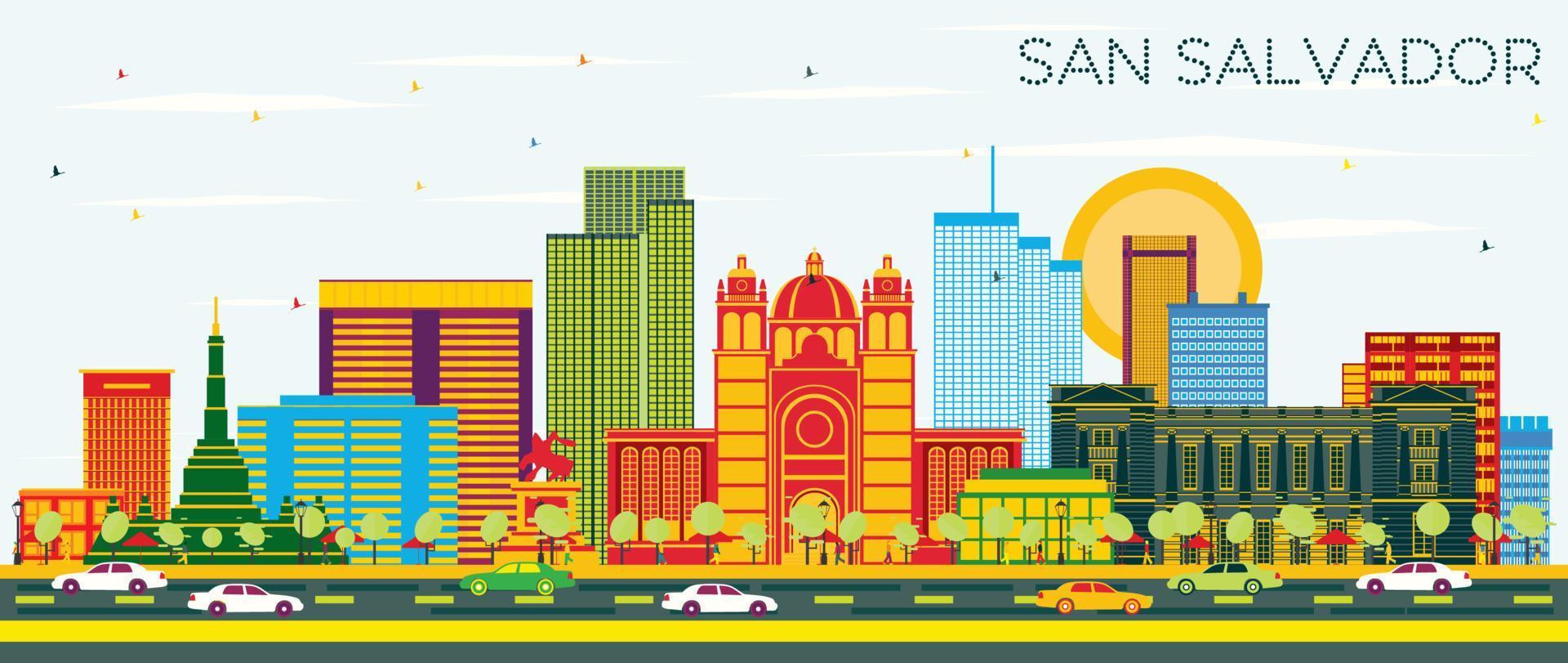 San Salvador City Skyline with Color Buildings and Blue Sky. vector