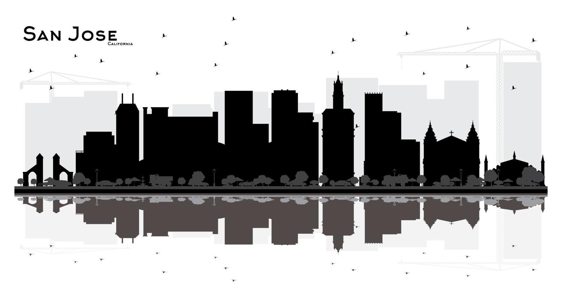 san jose california city skyline silueta en blanco y negro con reflejos. vector
