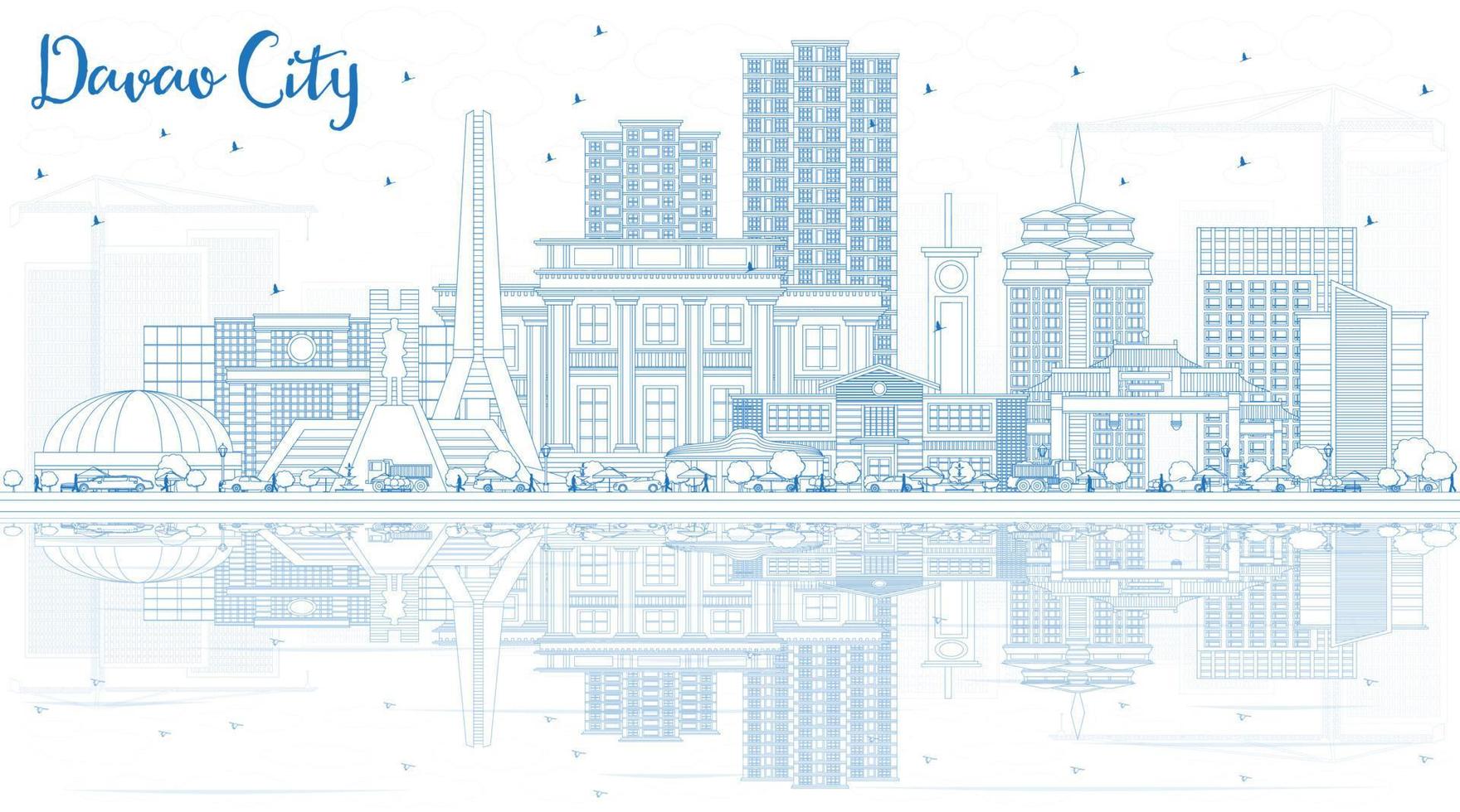 Outline Davao City Philippines Skyline with Blue Buildings and Reflections. vector
