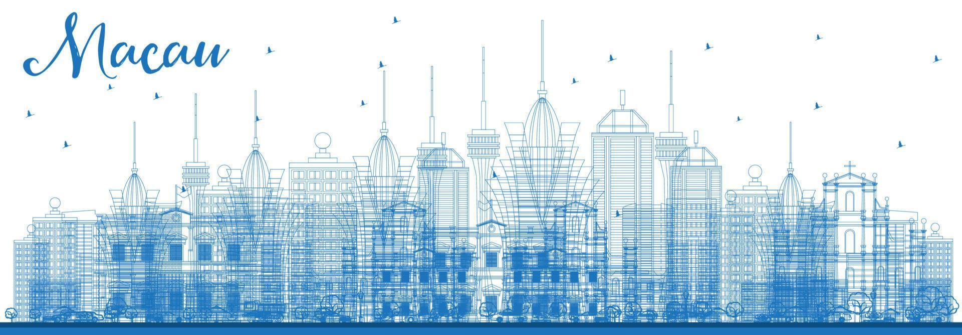 Outline Macau China City Skyline with Blue Buildings. vector