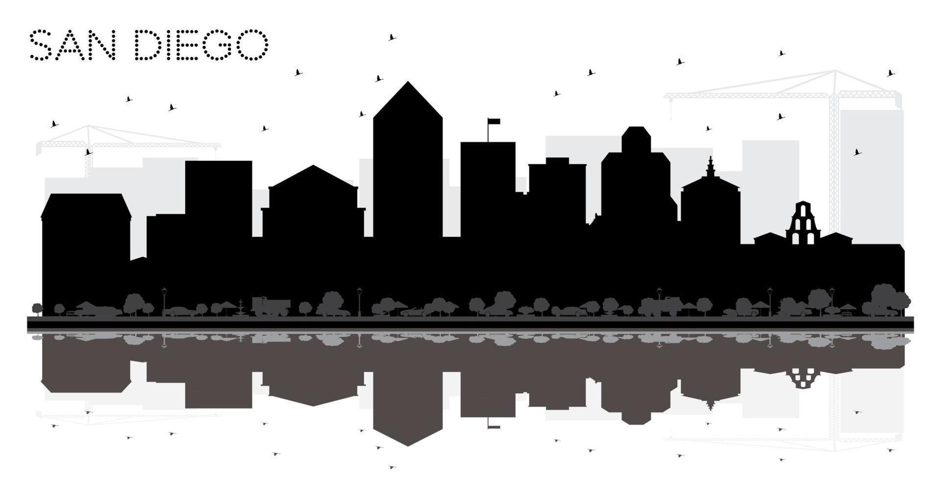 silueta en blanco y negro del horizonte de la ciudad de san diego con reflejos. vector