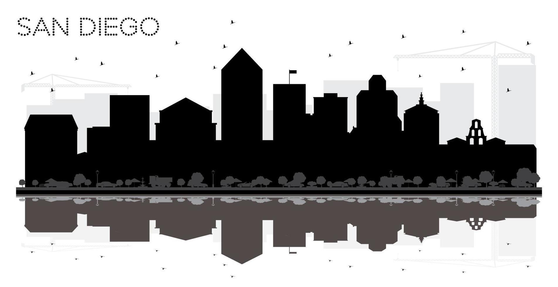 San Diego City skyline black and white silhouette with Reflections. vector