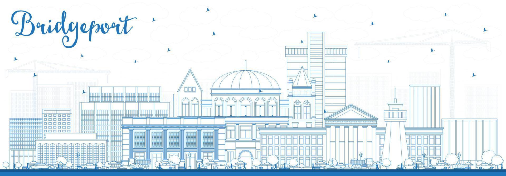 Outline Bridgeport Connecticut City Skyline with Blue Buildings. vector