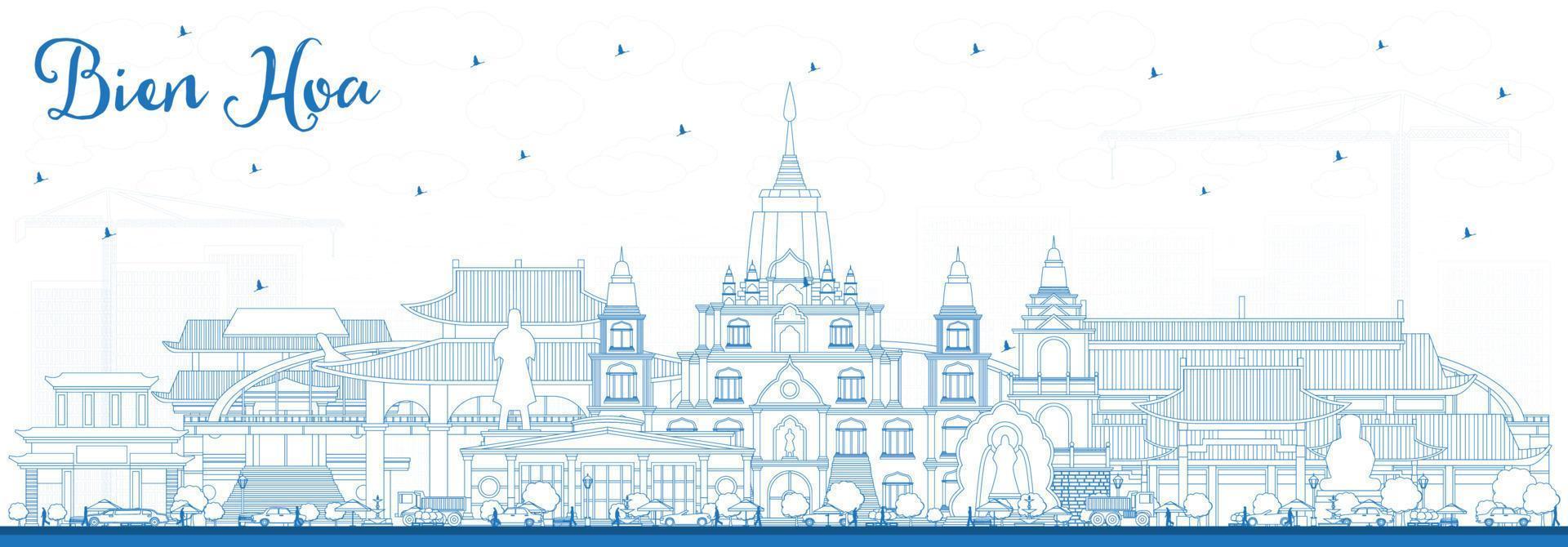 esbozar el horizonte de la ciudad de vietnam bien hoa con edificios azules. vector