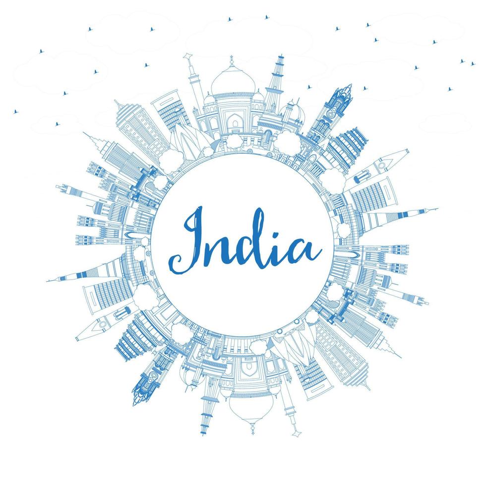 Outline India City Skyline with Blue Buildings and Copy Space. vector